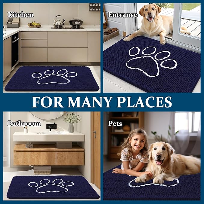 OLANLY Dog Door Mat for Muddy Paws 47x32, Paw Print Design, Absorbs Moisture and Dirt, Absorbent Non-Slip Washable Doormat, Quick Dry Chenille Mud Mat for Dogs, Entry Indoor Entryway Carpet, Navy Blue
