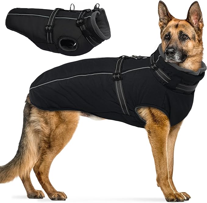 PUMYPOREITY Dog Jackets for Large Dogs, Warm Dog Winter Coat with Harness Built in, Fleece Jacket with Back Zipper, Cold Weather Coats for Outdoor, Waterproof & Windproof Pet Snowsuit, Black, XL