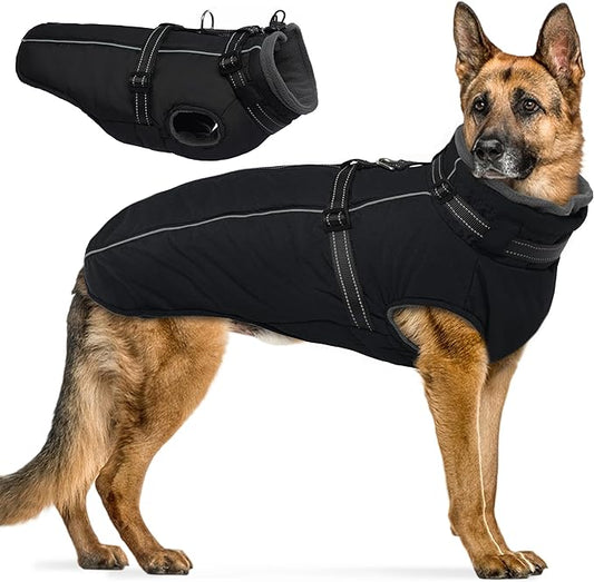 PUMYPOREITY Dog Jackets for Large Dogs, Warm Dog Winter Coat with Harness Built in, Fleece Jacket with Back Zipper, Cold Weather Coats for Outdoor, Waterproof & Windproof Pet Snowsuit, Black, XL