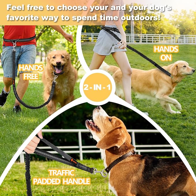 Hands Free Dog Leash, Adjustable Waist Leash for Dog Walking, Dual Bungee 4.2-6.7 Feet Long with Reflective Stitches for Walking Hiking Running, Fits 26"- 43" Inch Waist, Black