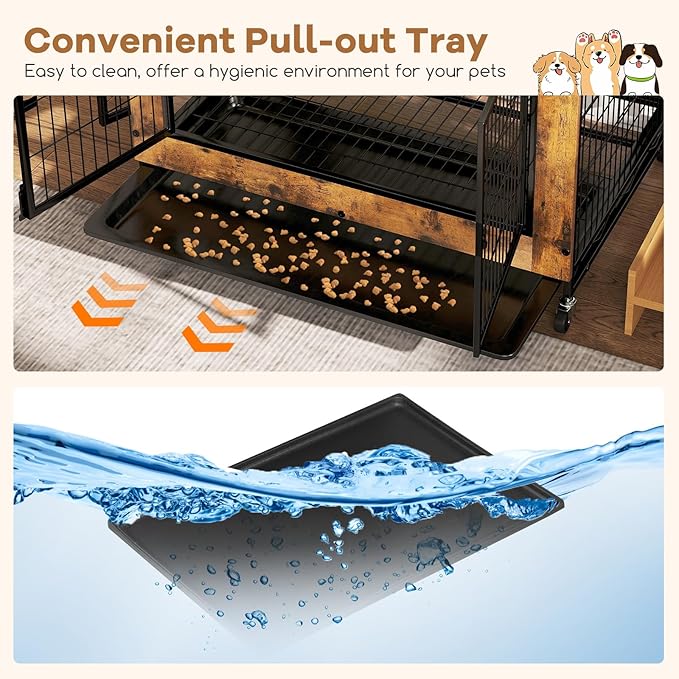 Giantex 38" Dog Crate Furniture with Storage Shelves, Wooden Dog Kennel End Table with Flip Top, 3 Doors, Wheels & Pull-Out Tray, Chew-Resistant Indoor Pet Crate House for Large Dogs, Rustic Brown