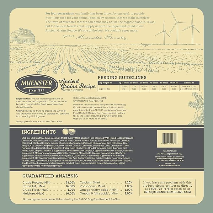 Muenster Ancient Grains Chicken Dry Dog Food, 22lb - Gluten-Free, High Protein, Digestive Support