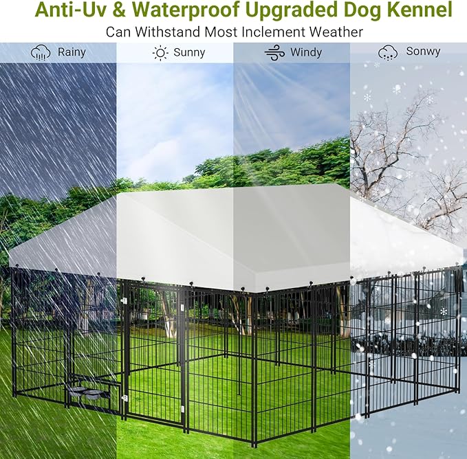 Rovibek 10x10 Ft Outside Dog Kennel with Roof, Large Dog Kennel Outdoor Dogs Cage with 2 Rotating Feeder Bowls, Heavy Duty Dogs Run Enclosure with Waterproof Sun-Proof Cover