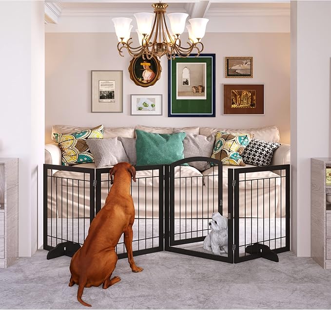 JSB 96-inch Extra Wide 30-inch Tall Dog gate with Door Walk Through, Freestanding Pet Gate for Halls, Stairs & Home, Pet Puppy Safety Dog Fence with 2PCS Support Feet (Black)