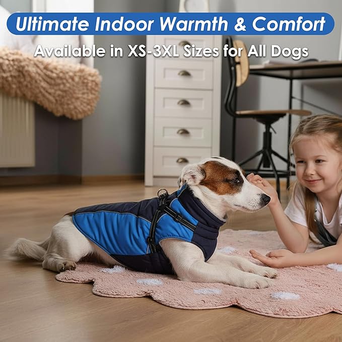 ASENKU Reflective Dog Coat with Built-in Harness, Windproof Fleece-Lined Dog Jacket for Small, Medium, Large Dogs, Warm Winter Vest with Turtleneck & Zipper (Navyblue 3XL)