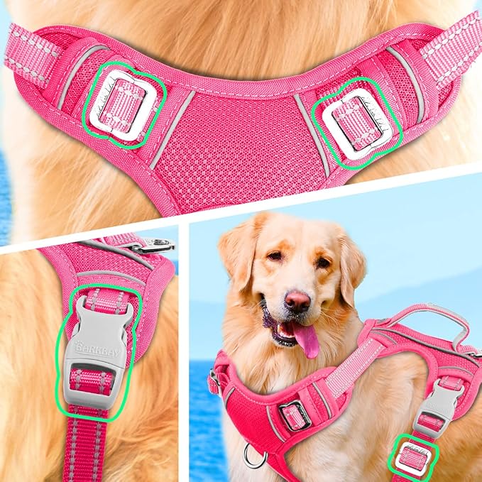 BARKBAY No Pull Dog Harness Large Reflective Dog Harness with Front Clip and Easy Control Handle for Walking Training Running with ID tag Pocket(Pink,M)