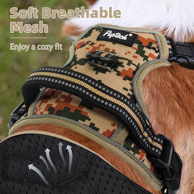 PUPTECK No Pull Tactical Dog Harness for Large, Adjustable Reflective Dog Harness with Handle Easy Control, Comfortable Soft Padded Pet Vest Harness for Large Dogs, Camouflage L