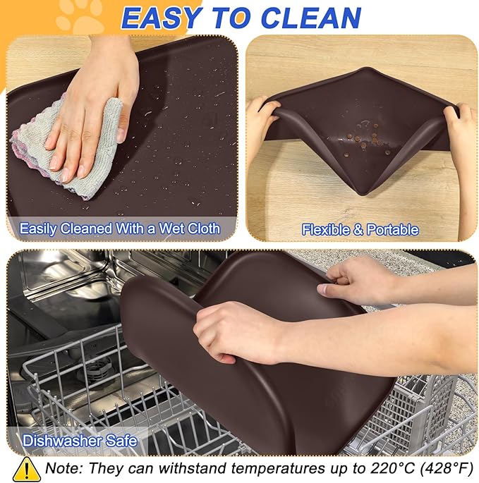 Silicone Pet Feeding Mat with Raised Edge for Food and Water, Dog Bowl Mats, Cat Bowls Placemat with High Lip for Floor Waterproof, Rubber Tray for Cats and Dogs 22 x 14 x0.8 Dark Brown