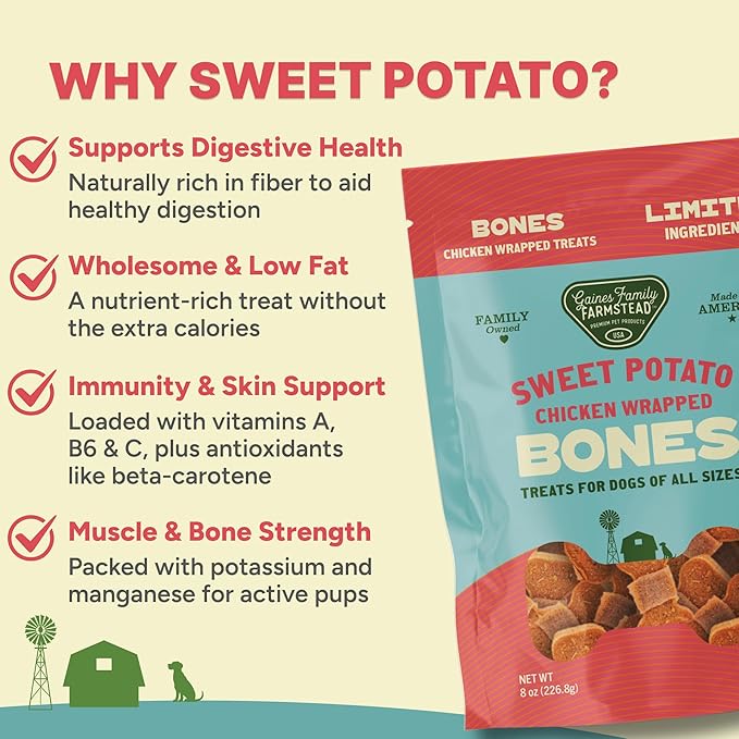 Gaines Family Farmstead Chicken Wrapped Sweet Potato Dog Bones - 8 oz Bag, Natural, Grain-Free Dog Treats for All Ages & Breeds, Great for Training and Rewards, Made in USA