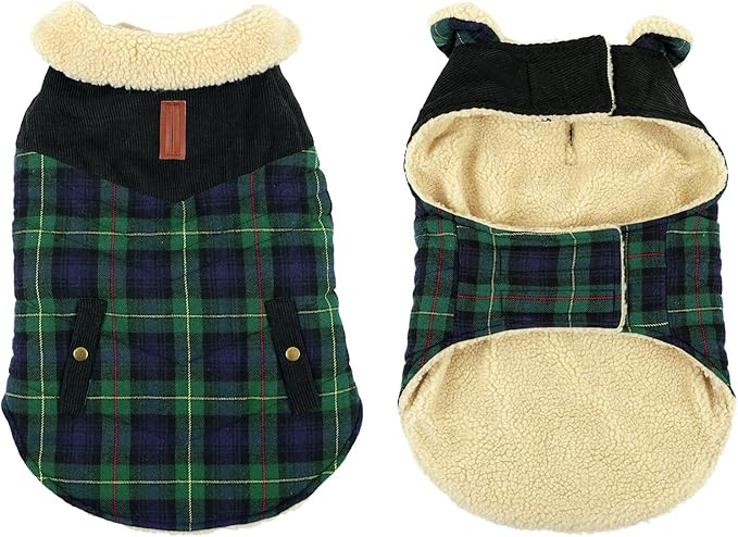 Winter Coat for Small and Medium Dogs, Puppy Plaid Jacket, Cotton Coat for Cold Weather, Windproof Warm Dog Garments, Pet Thickened Outfits Indoor Outdoor, Green XL