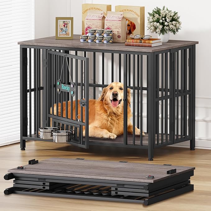 Easycom 41" Dog Crate Furniture Foldable, No Assembly Decorative Dog Kennel Indoor, Dog Crates for Large Dogs(35-60 lb), Wooden Dog Cage with Adjustable Bowls and Name Tag, End Table, Oak Grey