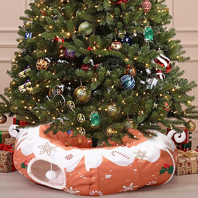 Aliceset Christmas Gingerbread Man Cat Tunnel Bed for Indoor Cats 3ft x 3ft x 10in Foldable Cat Donut Tunnel with Washable Cushion Gingerbread Man Pet Peekaboo Cave Toy for Small Kitten Kitty