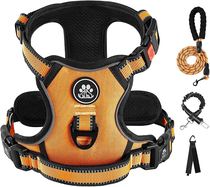 IVY&LANE No Pull Dog Harness for Large Dogs, Dog Vest Harness with Leash, Safety Belt and Storage Strap, Fully Adjustable Harness, 360° Reflective Strip, Soft Handle (Orange, L)