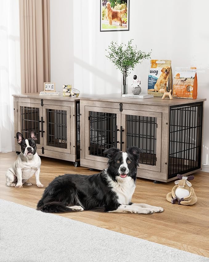 Dog Crate Furniture with Cushion, Wooden Dog Kennel with Double Doors, Heavy Duty Dog Cage End Table with Wheels, Dog House Indoor for Small Medium Dogs up to 45 lb, 32.5” L, Grey