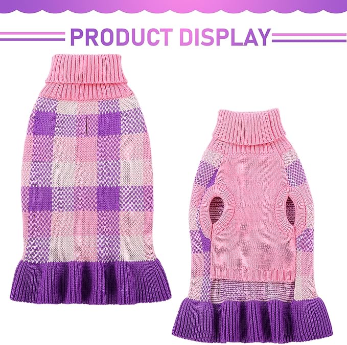 Dog Sweater Dress Plaid Knitwear for Small Medium Dogs Warm Puppy Pet Turtleneck Stretch Pullover Cute Fall Winter Vest Clothes with Leash Hole for Christmas (Purple, M)