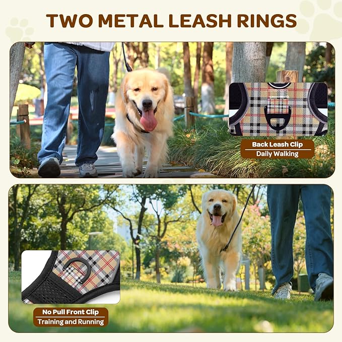 FURRYFECTION Plaid Dog Harness for Large Dogs | No Pull Reflective Pet Harness | No Choke Adjustable Dog Vest Harnesses | with Leash | Easy Control Handle | Front Lead | Seat Belt | Beige&White | L