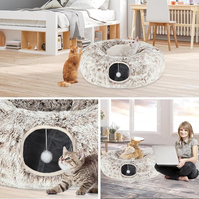 Plush Cat Tunnel Bed for Indoor Cats, Collapsible Cat Donut Tunnel with Central Mat, Fluffy Cats Cave Tube with Hanging Ball for Kitten Rabbit Puppy Ferret, Coffee