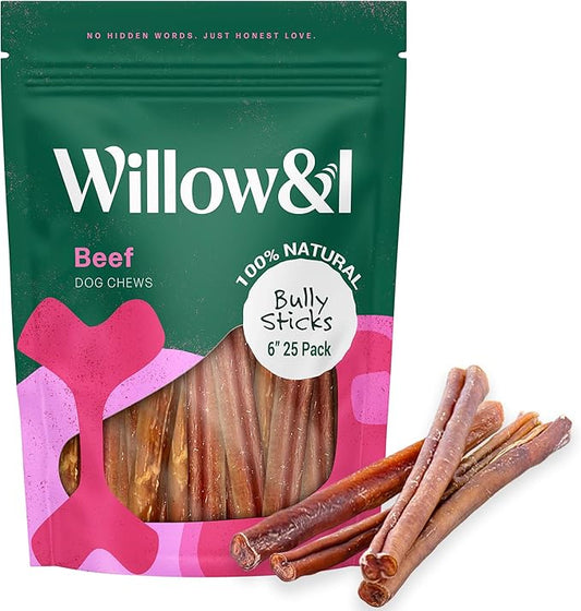 Willow & I Bully Sticks for Dogs -6 Inch Natural Bully Sticks for Medium Dogs, Small & Large- Premium 100% Grass Fed, Single Ingredient, Long Lasting, High Protein-Grain & Rawhide Free (6", 25 Pack)