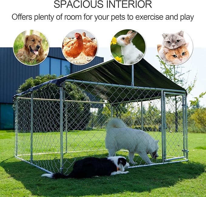 Petonly Outdoor Dog Enclosure Heavy Duty Dog Kennel House Mesh Dog Big Cage Pet Kennel Steel Fence with Secure Lock(118”x 118”)