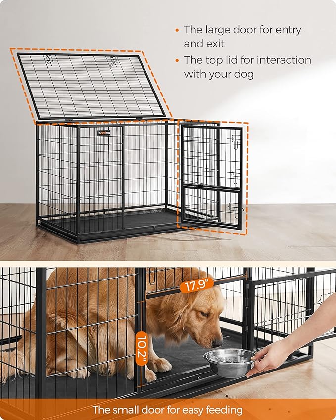 Feandrea 48 Inch Heavy Duty Dog Crate, Metal Escape Proof Dog Kennel with Double Doors and Convenient Feeding Door, Removable Tray, Easy to Clean, XXL Dog Crate for Large and Medium Dogs, Black