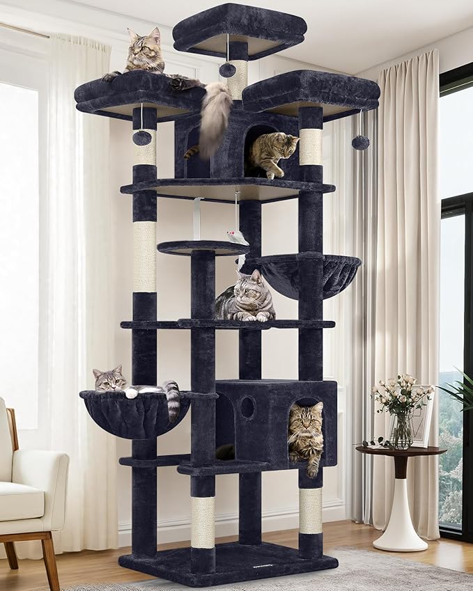 Globlazer Cat Trees and Towers for Multiple Adult Cats, 82-inch XXL Tall Cat Tree Tower for Indoor Cats with Scratching Post, 3 Perches, 2 Condos, 2 Hanging Baskets, F82, Dark Grey