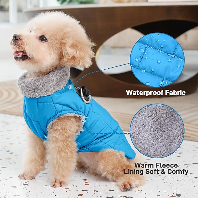 Warm Fleece Dog Coats with Durable Harness Buitl in D-Ring,Waterproof Puppy Jacket for Small Dogs,Dog Vest for Cold Winter,Light Blue S