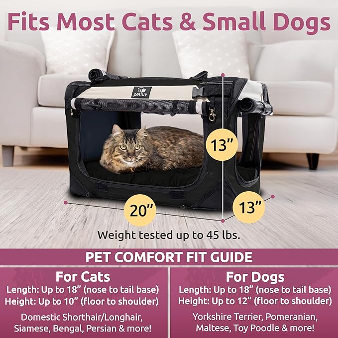 Soft-Sided Cat & Dog Pet Carrier, Medium 20"x13"x13" Fits Most Cats or Small Dog, Comfortable for Travel & Vet Visits, Privacy Windows, Removable Plush Bed, Top/Side Entry, Locking Zippers, Folds Flat