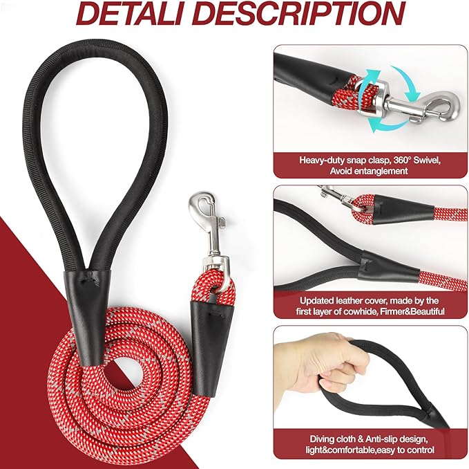 Red 4FT Dog Leash for Large Dogs Night Walking Reflective Heavy Duty Chew-Resistant Nylon Leash with Padded Handle and 360° Swivel Clip Strong for Medium to Large Breeds