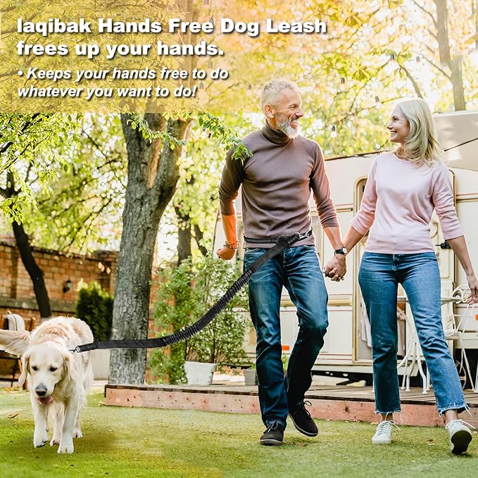 Hands Free Dog Leash, Adjustable Waist Leash for Dog Walking, Dual Bungee 4.2-6.7 Feet Long with Reflective Stitches for Walking Hiking Running, Fits 26"- 43" Inch Waist, Black