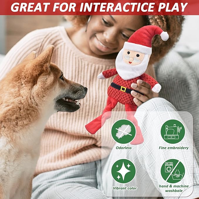 Christmas Dog Toys, 4pcs Stuffed Dog Squeaky Toys for Teething and Chewing, Tough Xmas Gift Toy Bundle Santa Toys for Small Large Dogs Puppy