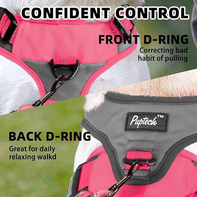PUPTECK Escape Proof Dog Harness and Leash Set Upgraded No Pull Reflective Dog Vest with Lift Handle, Easy Control Pet Harness for Medium Large Dogs Training Walking Running, Fuchsia, XL