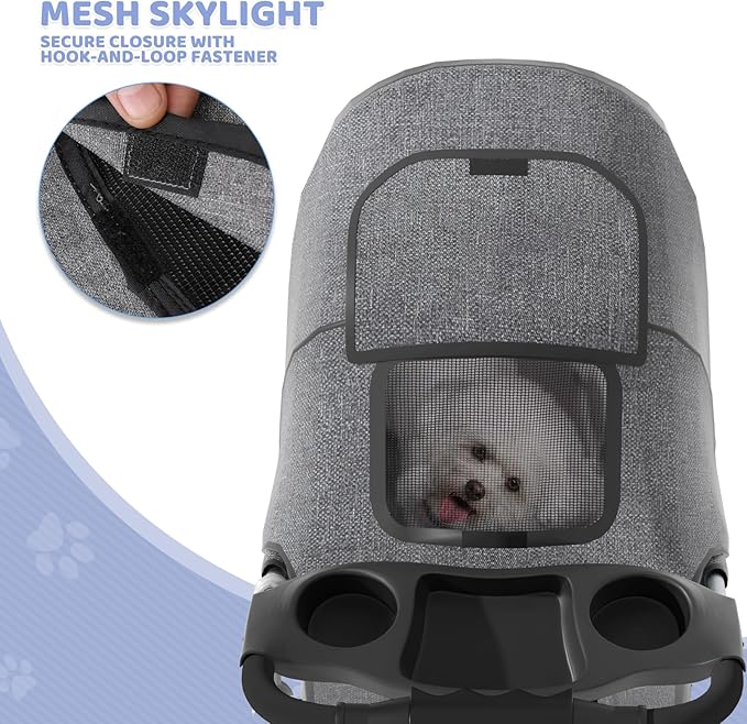 Magshion 3-Wheel Pet Stroller, Foldable Travel Jogger for Small & Medium Dogs & Cats (Up to 33lbs), Lightweight Carrier with Breathable Mesh Cover, Cup Holder & Storage Basket, Gray