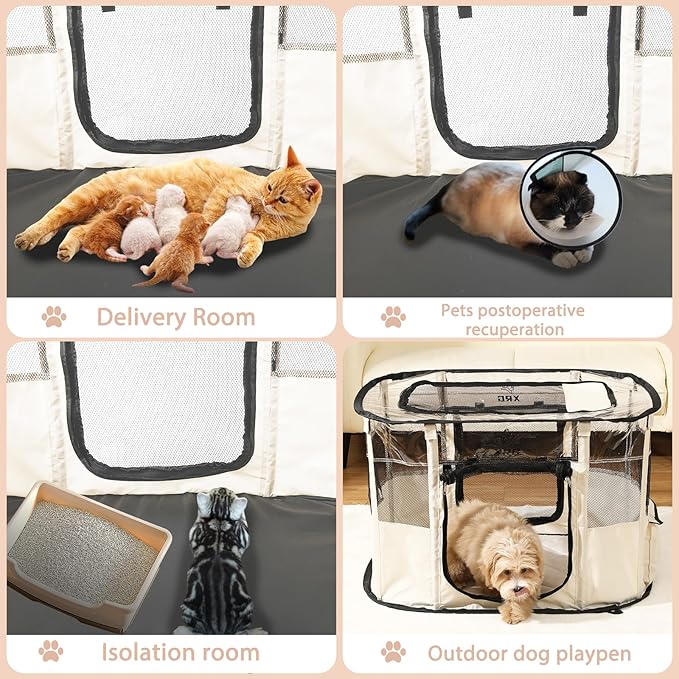 Dog Playpen with Waterproof pad,Portable Pet Crate Kennel Tent,Cat Cages Indoor Breathable Mesh Collapsible Dog Crates Playpen for Dogs Cat and Rabbit Travel Indoor & Outdoor(Large, Beige)