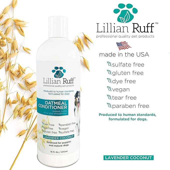 Lillian Ruff PRO Formula Oatmeal Dog Conditioner - Nourishing & Calming Relief for Allergies & Sensitive Skin - Detangles, Softens & Adds Shine with Oatmeal, Coconut Oil & Lavender - USA (16oz+Brush)
