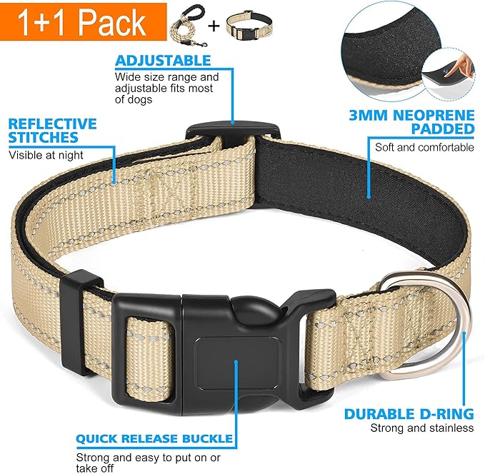 Reflective Dog Collar Padded with Soft Neoprene Breathable Adjustable Nylon Dog Collars for Small Medium Large Dogs (Large (Pack of 1), Vanilla Collar+Leash)