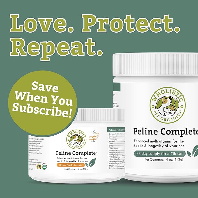 Wholistic Pet Organics Feline Complete Organic Pumpkin - 4 Oz - Multivitamin & Probiotic Powder for Cats - Natural Cat Food & Digestive Support