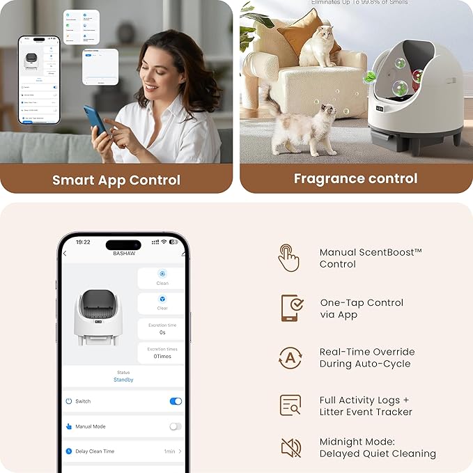 Bashaw Self Cleaning Litter Box, Automatic Cat Litter Box for Multiple Cats, App Control with Safety Sensors, Open Top, Includes Scent Cartridge & Trash Bags