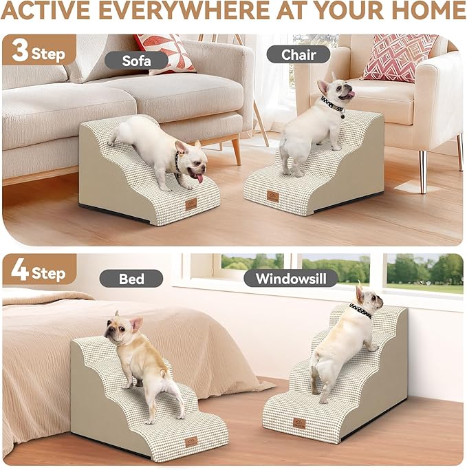 Dog Ramp and Stair for Bed 16" H-20 H,3-Step Cat Stair for Sofa and Chair,4-Step Dog Ramp for High Bed and Window,Durable Nonslip Fabric Cover for Indoor (Beige-16 H, Pet Friendly, 3)