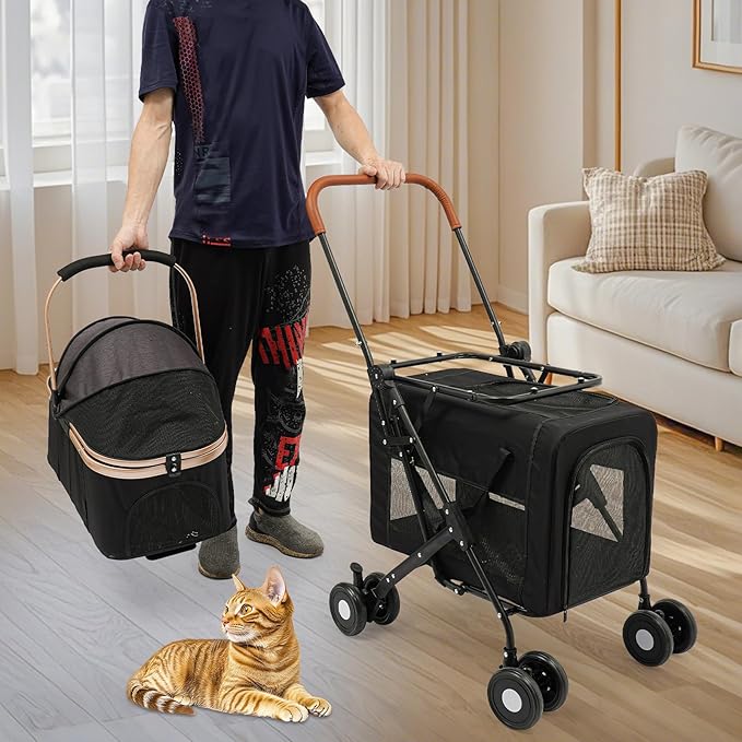 Double Pet Stroller for Small and Medium Dogs with Detachable Carrier,Cat Carriers for 2 Cats with 4 Lockable Heels,Multifunctional Pet Carrier,Black