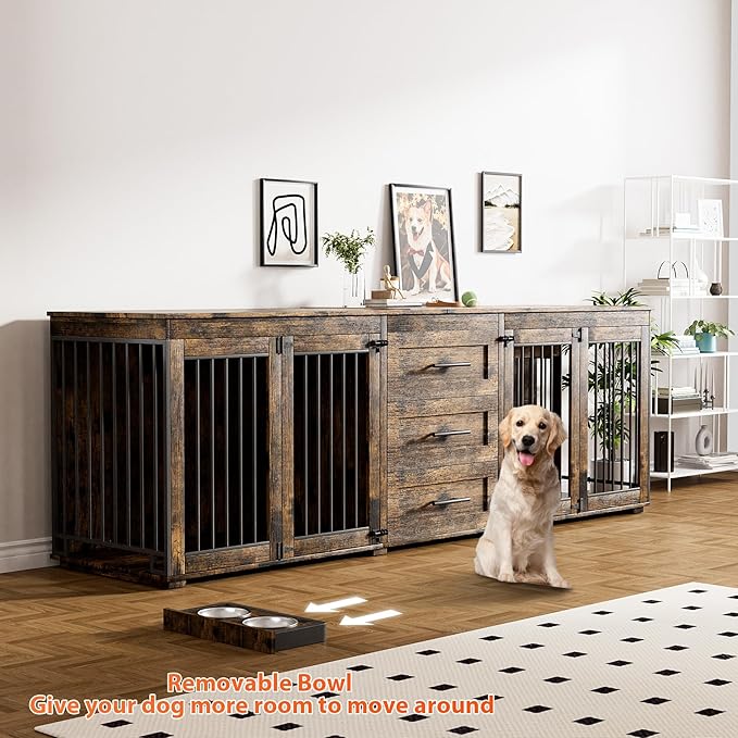 Rophefx 94.5" Dog Crate Furniture for 2 Dogs, Large Dog Kennel Furniture with 3 Storage Drawer, Wooden Dog Cage with 4 Bowls, Indoor Dog House TV Stand with Locks for Large Medium Dog, Rustic Brown