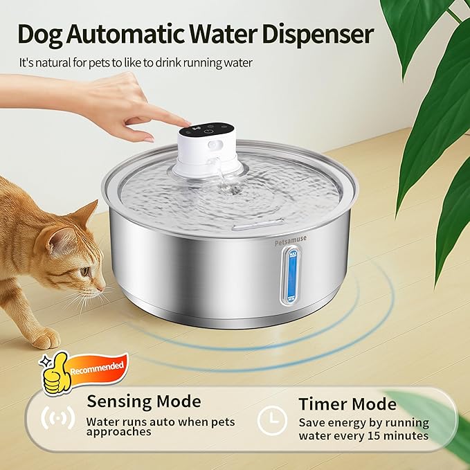 Wireless Dog Water Fountain, Petsamuse 5000mah Battery Operated Water Fountain for Dogs, 2.1Gal/8L Stainless Steel Cat Water Fountains for Cats & Dogs, Ultra-Quiet Water Bowl Dispenser with 13 Filters