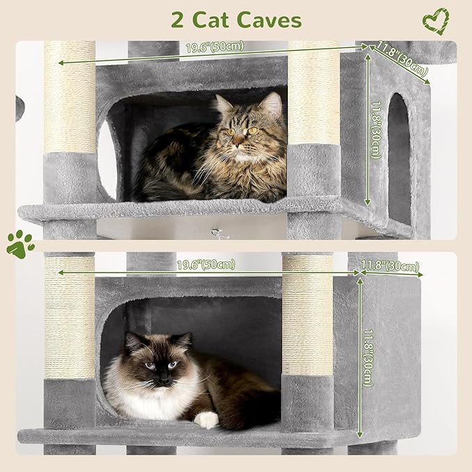 Globlazer XXL Giant Cat Tree, 83 Inch Heavy Duty Tall Cat Tower for Indoor Cats Large Adult, Multi-Level Large Cat Condo with 8 Scratching Posts, Hammock, 2 Cat Caves, 2 Platform, F83B, Light Grey