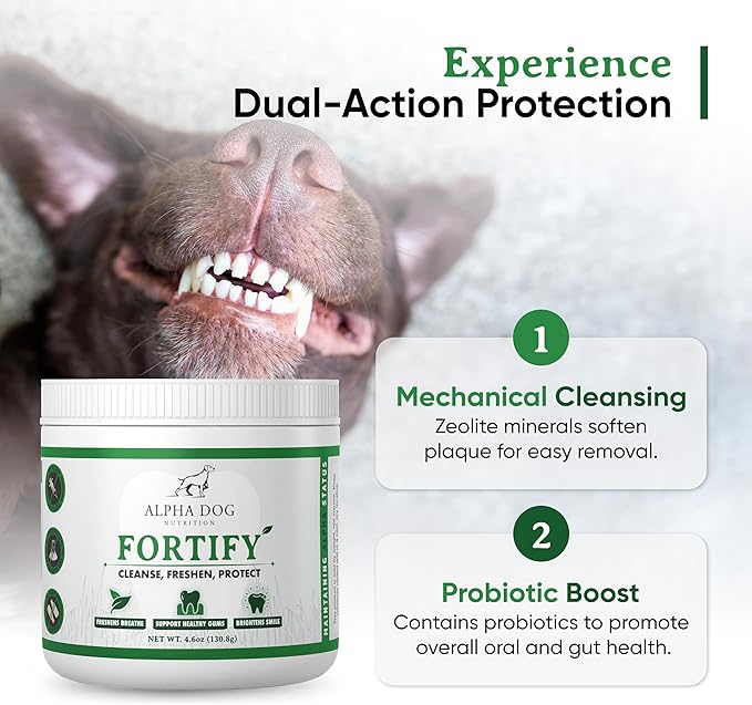 Dog Teeth Cleaning Powder - Fortify Dental Powder for Dogs - Plaque Remover and Freshens Bad Breath with Fresh Green Supplements - Contains Kelp, Probiotics, and Other Tooth Cleaning Ingredients