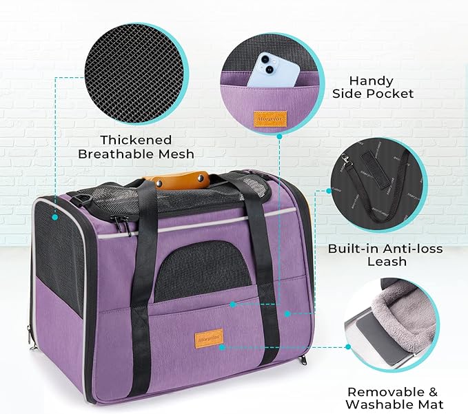 Morpilot Cat Carrier - Soft Sided Cat Carrier Large for Big Medium Cats and Puppy up to 18lbs, Pet Carrier with Safety Zippers, Foldable Bowl, Airline Approved Large Dog Carrier - Purple
