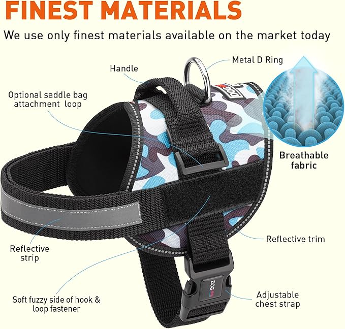 Dogline Dog Harness, Reflective No-Pull Adjustable Vest with Handle for Walking, Training, Breathable, No - Choke Harness for Small, Medium or Large Dogs Room for Patches Girth 18 to 24 in Blue Camo