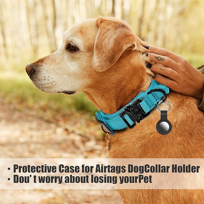 Tactical Dog Collar and Bungee Leash,Military Dog Collar & Leash Set with USA American Flag Adjustable K9 Collar with Heavy Duty Metal Buckle & Handle,with Patches and Airtags Case (Light Blue, M)