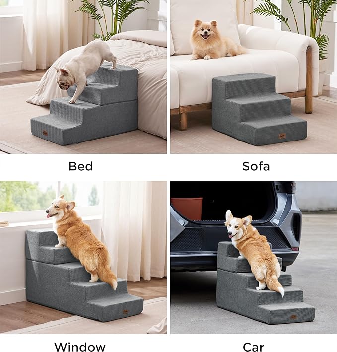 Made4Pets Dog Stairs for High Bed, Extra Wide Pet Stairs for Bed Couch Sofa, 35D Foam Pet Steps for Small Dogs and Cats(Up to 40lbs), Non-Slip Bottom Dog Steps, Grey, 5 Steps