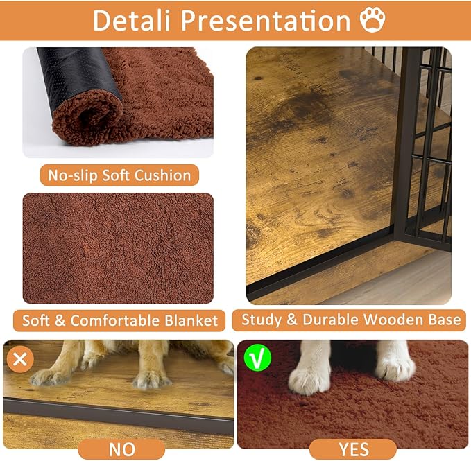 Dog Crate Furniture with Cushion,38" Wooden Dog Crate nightstand with Double Doors, Brown Kennel Indoor with Wheels, Decorative Pet House for Small Medium