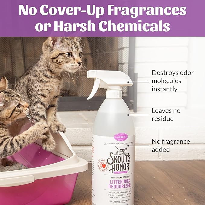 SKOUT'S HONOR Cat Litter Box Deodorizer Spray - Professional Strength, Instantly Breaks Down and Destroys Offensive Odors, Effectively Neutralizes Feline Pheromones, Eco-Friendly, Cruelty-Free, 35 oz