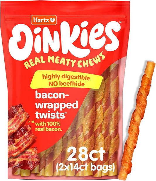 Hartz New Oinkies Bacon Wrapped Twists, Real Meaty Chews with 100% Real Bacon and No Beefhide, 28 Count